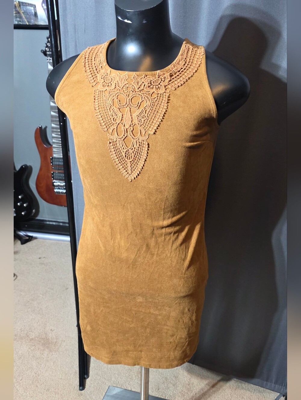 American Rag Cie Women's Brown Tight Dress Raceback Lace Front Suede s